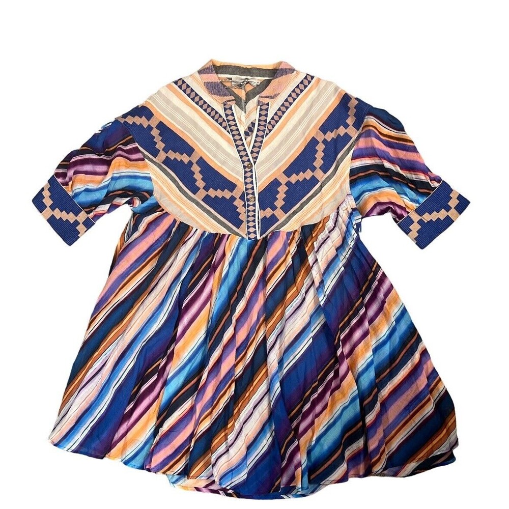 Devotion Twins‎ Mini Dress Womens S Multicolor Boho Geometric Striped Short Slv